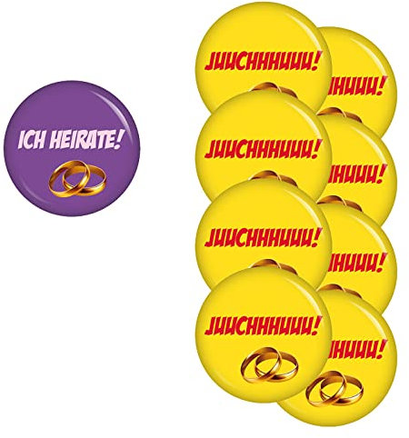 Button Set Ich heirate lila/ Juuchhhuuu für JGA Junggesellenabschied Junggesellinnenabschied Zubehör Anhänger Anstecker Broschebutton Accessoires (SET 3: 9 Buttons, 9x 56mm)