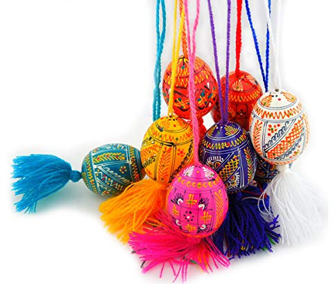 5 verschiedene Authentic Ukrainische Ostereier aus Holz Pysanky Ornamente auf Kordel 5,1 cm