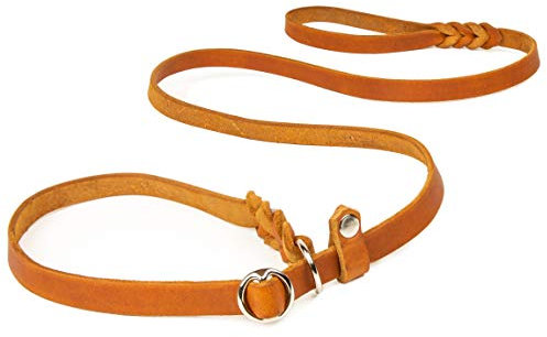 CopcoPet Retrieverleine mit Zugstopp für mittelgroße Hunde – 1,40m x 12mm Moxonleine in Cognac – Fettlederleine & Agilityleine aus Leder – stufenlos verstellbar, Handarbeit, verchromt, wetterfest