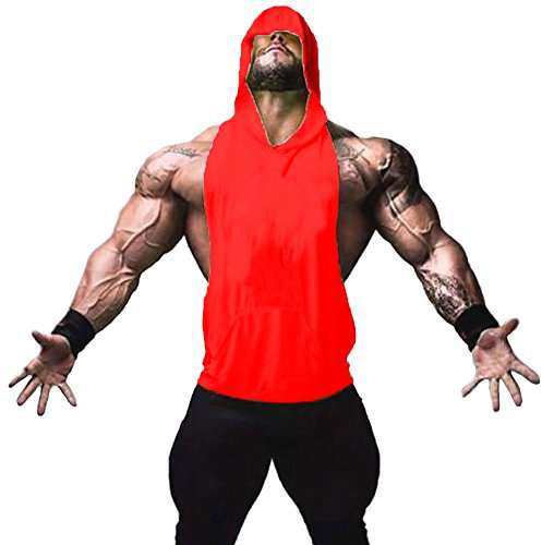 ZUEVI Herren Muscle ärmellose Hoodies Gym Bodybuilding Stringer Tank Tops - Rot - X-Groß