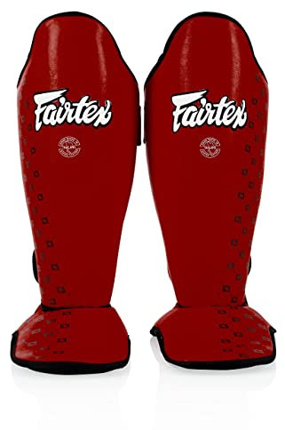 Fairtex SP5 Muay Thai Schienbeinschoner für Männer, Frauen, Kinder | Hochwertig, leicht & langlebig | Erweiterter Schutz gegen Schienbeinschmerzen beim Training oder Sparring(Large-Rot)
