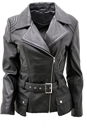 Ladies Black Long Feminine Leather Biker Jacket