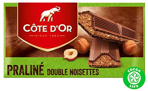 Côte d'Or - Praliné Double Noisette - 200 g - Chocolat au Lait, Amandes et Noix de Cajou avec Éclats de Noisettes- Snack parfait - Tablette de chocolat emballée individuellement - Importé de Belgique