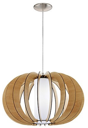 Eglo Suspension Stellato 1, 1 Ampoule Vintage, en Acier, Bois et Verre en Nickel Mat, Érable, Blanc, Lampe de Table Suspendue avec Douille E27, Ø 50 cm