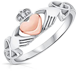 DTPsilver® 925 Sterling Silber Claddagh Ring - Liebe, Loyalität und Freundschaft - Rosen-Gold überzogen Herz, Mit keltischer Knoten
