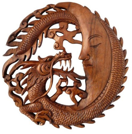 Wogeka - Rundes 30 cm Drache-Mond Relief - Handarbeit aus Holz geschnitzt als Geschenk-Idee für Asia Fans zu Geburtstag, Weihnachten zur Wand-Deko Feng Shui Rel16