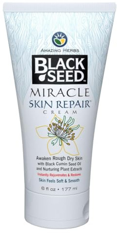 Amazing Herbs Black Seed Miracle Skin Repair Cream - Non-Allergenic Formula, Black Cumin Seed Oil, Vitamin E, and Other Essential Oils Support Collagen & Elastin Production - 6 Fl Oz