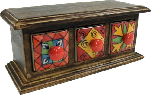 GURU SHOP Apothekerschränkchen mit bunten Keramik Schubfächern, 3 Fächer | Handgefertigtes Schubfachschränkchen aus Shishamholz, ideal für Gewürze, individuelle Gestaltung, Platz für Kleinkram.
