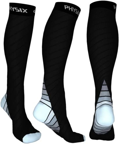 Physix Gear Sport Kompressionsstrümpfe Damen & Herren Stützstrümpfe (20-30mmHg) für Wassereinlagerungen, Flugreisen & Sport Kompressionssocken Langlebige Laufsocken Compression Socks GRAU S/M