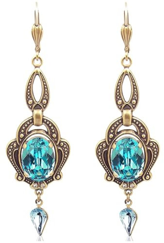 Jugendstil Ohrringe Gold Türkis österreichische Kristalle Ohrhänger lang NOBEL SCHMUCK
