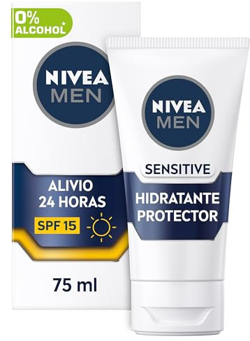 NIVEA MEN Sensitive Hidratante Protector FP15 (1 x 75 ml), 0% alcohol antirritación crema facial hidratante para hombres con piel sensible, con protector solar FP15