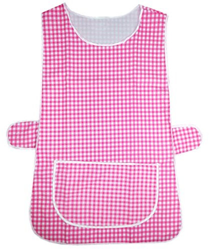 MyShoeStore Check Tabard Ladies Womens Home Work Kitchen Cleaning Chef Catering Cleaners Workwear Overall Piping Edge Checkered Tabbard Apron Large Pocket Side Button Fastening(Pink,WX)