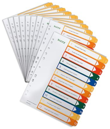 Leitz Register für A4, 10er Pack, PC-beschriftbares Deckblatt und 12 Trennblätter, Taben mit Zahlenaufdruck 1-12, Überbreite, Weiß/Mehrfarbig, Polypropylen, 12940000