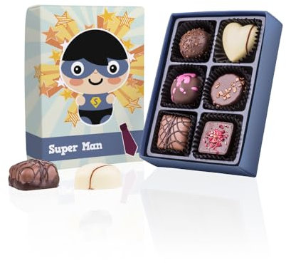 CHOCOLISSIMO – 6 Handgemachte Pralinen, Vatertag Geschenk Schokolade Männer, Supermann Pralinen Geschenk Papa, Lustiges Geschenk zum Vatertag für Papa, Vater, Männer, Auch für Geburtstag & Weihnachten