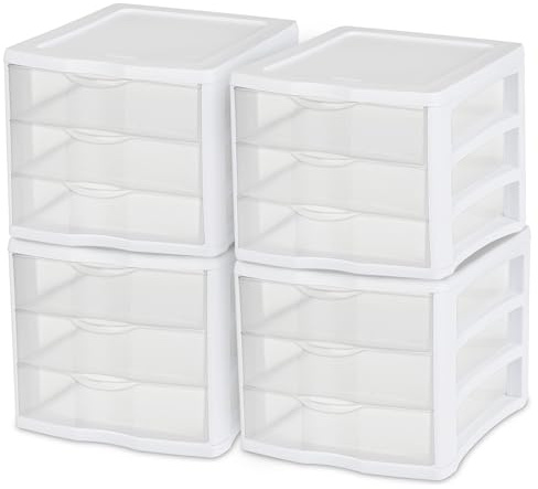 Sterilite 4-Pack 3 Drawer Unit, Stackable Plastic Organizer with Drawers, White Frame - Multi-Purpose Countertop Storage Containers for Office Supplies, Craft Rooms, Classrooms and Home Organization