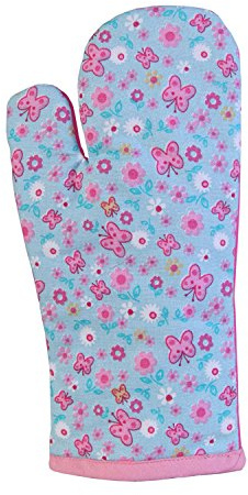 HOMESCAPES - Pure Cotton Oven Glove - Butterflies - Blue Pink - 18 x 32 cm - Fully Coordinated Washable Kitchen Linen
