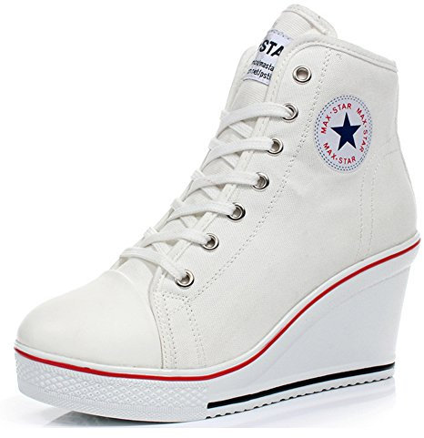 PADGENE Baskets Mode Compensées Montante Sneakers Tennis Chaussures Casuel Toile Femme(Blanc,38)