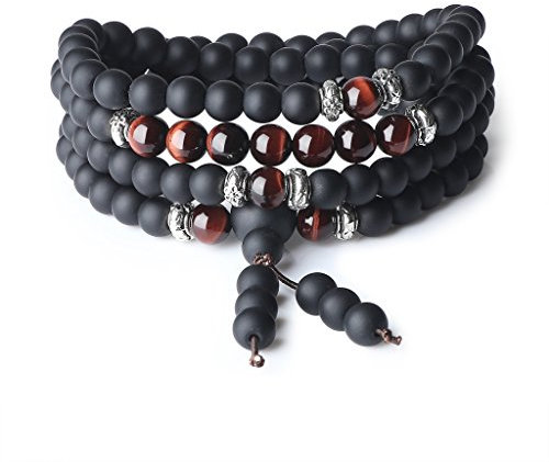 COAI Geschenkideen Unisex 108 Mala aus Mattem Onyx und Rotem Tigerauge Wickelarmband Buddhistisches Gebetsarmband Gebetskette