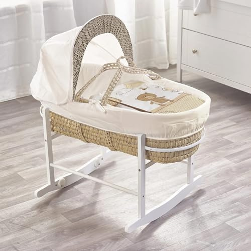 ELEGANT BABY Beary Nice Cream Palm Moses Basket with Chester White Rocking Stand, Adjustable Hood, Fibre Mattress & Padded Liner