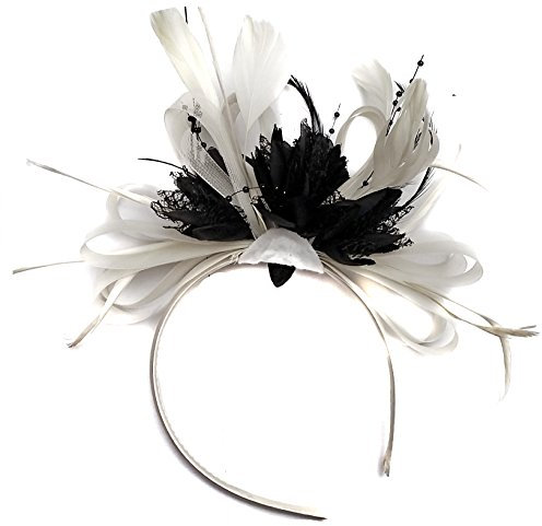 Serre-tête bibi blanc et noir avec plumes pour mariage, courses royales d'Ascot
