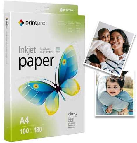 PrintPro Fotopapier DIN A4 glänzend & weiß | Ideal für Tintenstrahldrucker | Fotopapier DIN A4 glänzend | Wasser- und Trockenfest | 180g/m² A4-100 Blatt