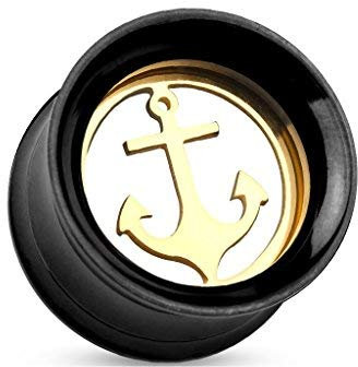 Tapsi´s Coolbodyart® Double Flared Tunnel Schraubverschluss Edelstahl Chirurgenstahl 316L Anker Gold Schwarz 18mm