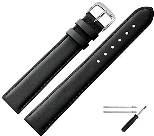 MARBURGER Uhrenarmband 24mm Leder Schwarz Silber XL Glatt Mit Naht - Montage Set 6602410000120