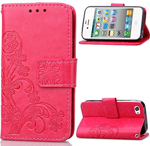 iPhone 4S Case for Girls,EMAXELERS Flip Wallet Card Holder with Magnetic Closure Bookstyle Protective Case Cover for Apple iPhone 4 / iPhone 4S,Rose Clover
