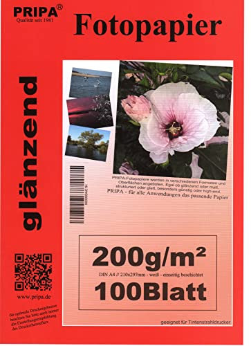 pripa 100 Blatt Fotopapier A4, 200g/qm, high -Glossy glaenzend -sofort trocken -wasserfest-hochweiß-sehr hohe Farbbrillianz, Fuer Inkjet Tinten Drucker