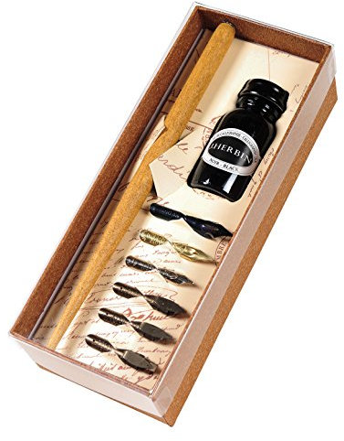 Brause 195B - Un coffret de calligraphie contenant 6 plumes (Sténo, Cito fein, Pfannen et Bandzug 1mm, 2mm, 3mm), un porte-plume en bois et un flacon d'encre noire Jacques Herbin 15 ml