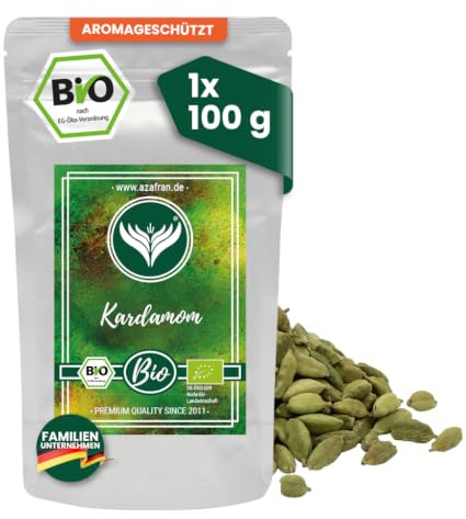 Azafran BIO Grüner Kardamom ganz 100g | Aromatische Kardamomkapseln für Tee, Gebäck, Currys & Gewürzmischungen