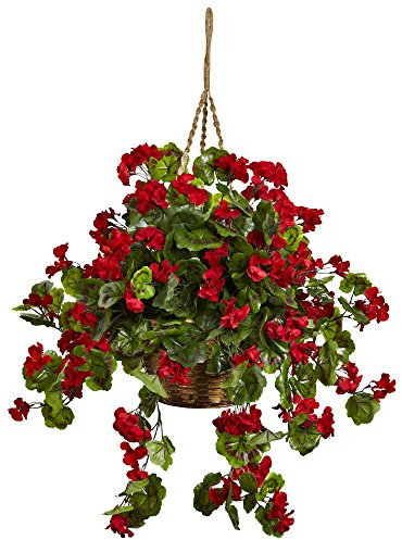 NearlyNatural 6857-RD - Cesta Colgante de Geranio Resistente a los Rayos UV, Color Rojo, 10.125 Pulgadas x 29 Pulgadas x 10.125 Pulgadas