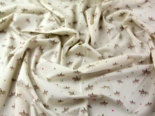 Stoff mit Pferde- und Reiteraufdruck, Baumwolle, Meterware, cremefarben