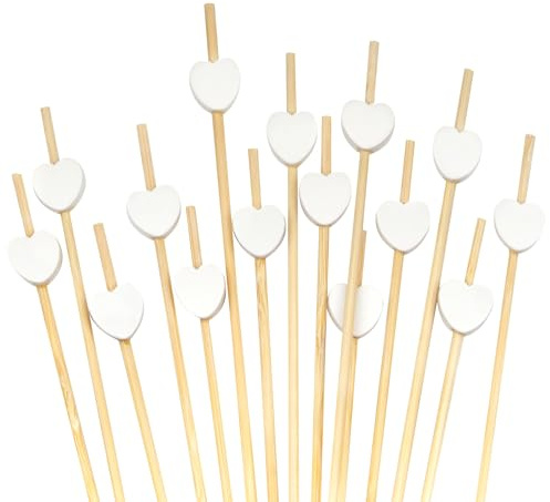 BambooMN 3.9 (10cm) Decorative White Heart Bamboo Cocktail Fruit Sandwich Picks Skewers for Catered Events, Holiday's, Restaurants or Buffets Party Supplies, 100 Pieces