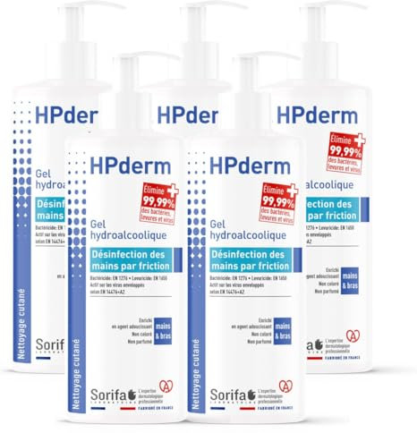 Lot de 5 HPderm Gel hydroalcoolique pour la désinfection des mains - Flacon pompe 500 ml