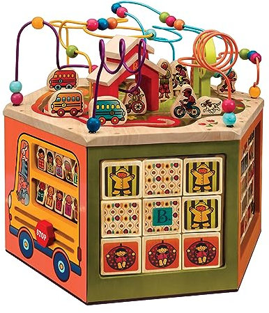 B. toys Extra großer Motorikwürfel, Motorikspielzeug Activity Center mit Motorikschleife im Schulmotiv, Holzspielzeug Baby Spielzeug ab 1 Jahr