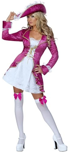 Smiffys Fever Pirate's Treasure Costume, Pink with Dress, Attached Underskirt & Hat, Fever Fancy Dress, Pirate Dress Up Costumes