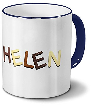 Tasse mit Namen Helen - Motiv Schokoladenbuchstaben - Namenstasse, Kaffeebecher, Mug, Becher, Kaffeetasse - Farbe Blau