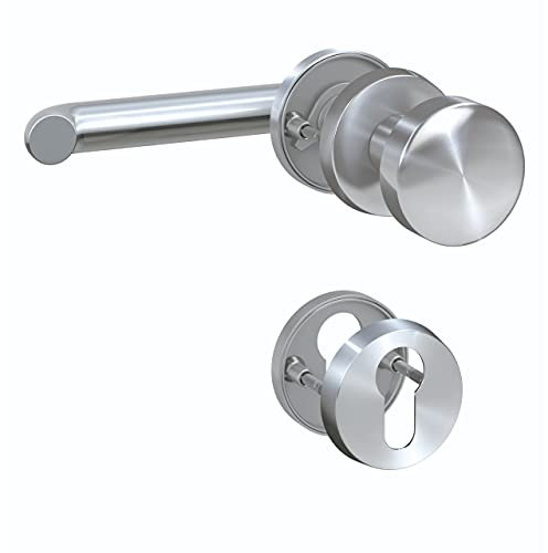BASI | Wechselgarnitur aus Edelstahl mit PZ-Lochung | DIN Rechts | Türgriff innen mit runden Knopf außen | Für Profilzylinder | Rosettengarnitur | Griff in U-Form | Für Holztüren
