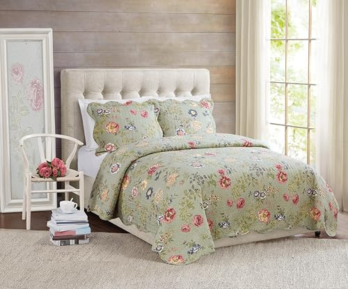 American Traditions Lifestyles Edens Garden 100% Cotton Quilt with 1 Sham, Twin, Green, Floral Themed, for Men and Women, Oeko-TEX Certified Confidence