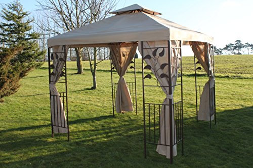 Leaf Design 2.5M Square Garden Gazebo-Beige Cover & 4 Polyester Curtains With Steel Frame