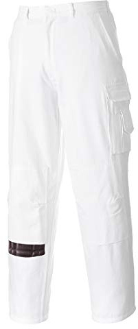 Portwest S817 Painters Trousers 2 Side Pockets Machine Washable White | White, Large, UPF 50+, Flexible Fit, Hook and Bar Closure, Elasticated Waist, Reinforced Seams, Knee Pad, Durable, Workwear