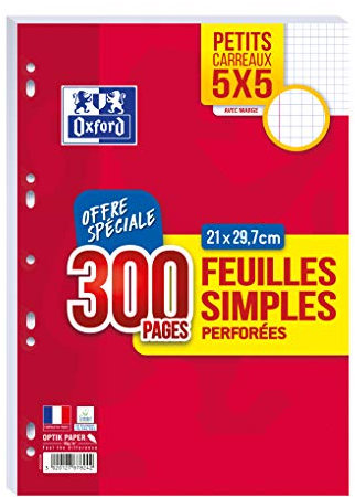 OXFORD Lot de 300 Pages Feuilles Simples Perforées A4 (21 x 29,7cm) 90g Petits Carreaux 5x5mm avec Marge