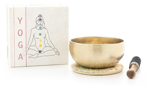 Klangschale YOGA Geschenkset – Inkl. Holz-/Lederklöppel, cremefarbener Unterlage & Geschenkbox mit Chakrensymbol – Handarbeit aus Nepal – Ideal für Meditation, Yoga & Achtsamkeit