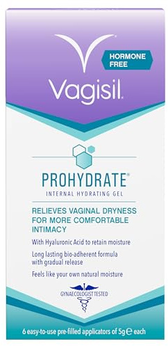 VAGISIL ProHydrate Internal Hydrating Gel, Relieves Vaginal Dryness for More Comfortable Intimacy with Hyaluronic Acid to Hydrate and Retain Moisture, Hormone Free, 6 x 5 g Applicators | Relieves internal vaginal dryness for immediate, comfortable intimacy. Instant relief and retains moisture