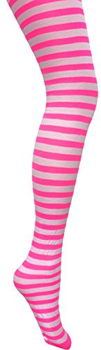 MYSASI London Ladies Striped Tights Sizes (UK, Alpha, M, Regular, Regular, Neon Pink and White)