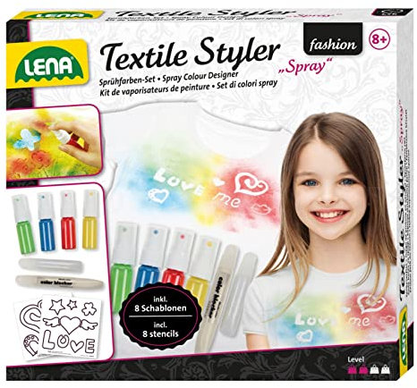 Lena 42597 - Bastelset Textile Styler Spray, Komplettset mit 4 Sprühfarben, 1 Glitzerfarbe zum Verzieren, 8 Schablonen und Konturenstift, Textilgestaltungsset für Kinder ab 8 Jahre