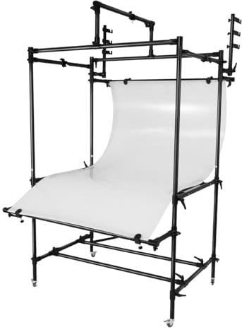 Walimex pro mobiler Aufnahmetisch XXL - Professioneller mobiler Aufnahmetisch für perfekte Produktaufnahmen bis 20 kg - mit variabler Höhe, diffusionsoberfläche, Beleuchtungsgerüst, Hintergrundhaken