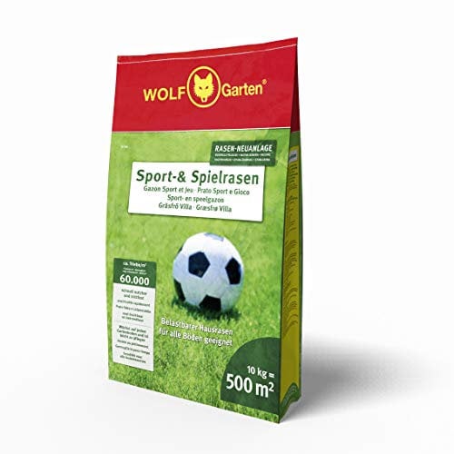 WOLF-Garten Sport- & Spielrasen LG 500 (für 500 m², schnell nutzbar & trittfest, strapazierfähiger Rasen für Sport- & Spielplätze, Hausgarten, für alle Bodenarten geeignet, 10 kg Papiersack) 3825041