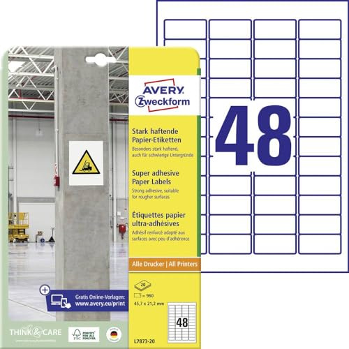 AVERY Zweckform L7873-20 Stark haftende Etiketten (960 Aufkleber, 45,7x21,2mm auf A4, extrem stark selbstklebend, auch für schwierige Oberflächen, bedruckbare Power Klebeetiketten) 20 Blatt, weiß